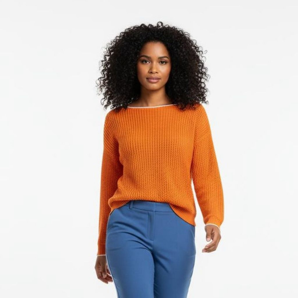 Elliott Lauren Orange & White Crew Neck Semi-Sheer Sweater - XS